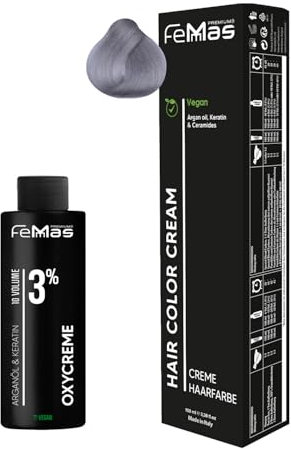 Femmas Set de tinte para el cabello plateado I Hair Color Cream 100 ml + crema de óxido 100 ml 3% I coloración permanente del cabello + desarrollador I Suave y duradero I Tinte de pelo de salón para