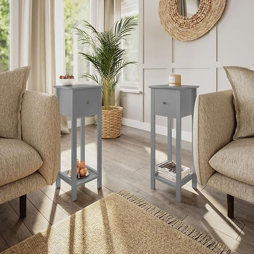 URBNLIVING 70cm Height Slim Bedside Nightstand Grey Wooden Furniture Unit with 1 Storage Drawer for Bedroom, Living Room, Sofa Side, Narrow Shelf Cabinets for Small Spaces, Telephone Stand Set of 2