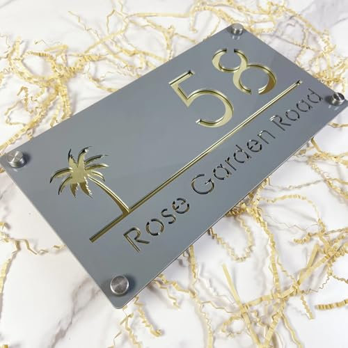 Personalized house number sign Custom Modern design Acrylic Palms Tree Seaside House Number Sign Plate Outside Address Name Door Wall Room Plaque (Gray Gold)