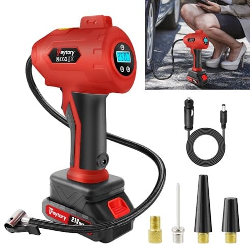 Cordless Tyre Inflator Air Compressor, 21V Rechargeable Battery Powered 180PSI 12V DC Portable Handheld Electric Digital Tyre Pump with LED Light & 3 Nozzles for Cars, Motorcycles, Bicycles and Balls