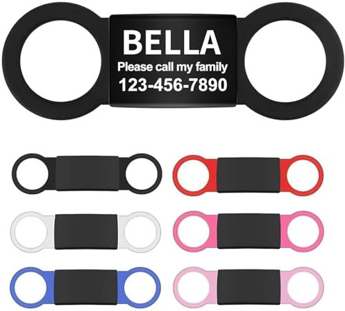Geräuschloses Aufschieben von Haustier-ID-Tags, personalisierte Lasergravur auf dem Halsband, farbiges elastisches Silikonband, Namensschild aus Edelstahl für Katzen und Hunde (L, schwarz)