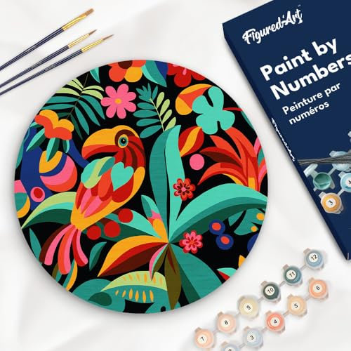 Figured'Art Peinture par Numéro Adulte sur Disque en Bois de 30cm de diamètre - Toucan abstrait - Kit de Loisir Créatif DIY Numéro d'Art Complet