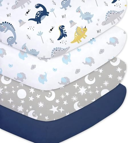 Little Grape Land 4er-Pack Spannbettlaken 60x120 cm Baby aus Mikrofaser-Polyester, Atmungsaktive Spannbettlaken für Kinderbett und Babybett, Oeko-TEX Zertifiziert, Dinosaurier