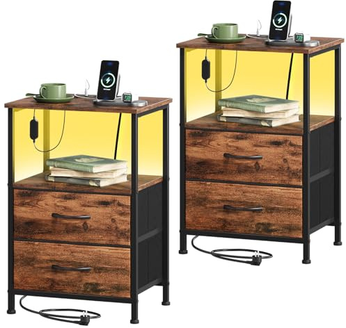 Somdot Nachttisch Schlafzimmer, Steckdose, 2 Schubladen, 2er-Set, Braun | Nachtkästchen Nachtschrank, Stoffschubladen, LED & 2 Steckdosen, 1 USB-A & C, offene Fächer, Wohnzimmer, 30T x 40B x 60H