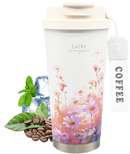 fluorehoso Kaffeebecher to go, 18oz/500ml Thermobecher- Isolierbecher, Edelstahl Travel Mug mit Auslaufsicherem Deckel, Trinkbecher,Autobecher Doppelwandig Isoliert(Weiß-Gänseblümchen)