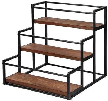 Ruiqas 3 Tier Coffee Syrup Rack,12 Water Bottles Syrup Holder Stand Wood & Metal Water Bottle Storage Shelves for Kitchen Coffee Station