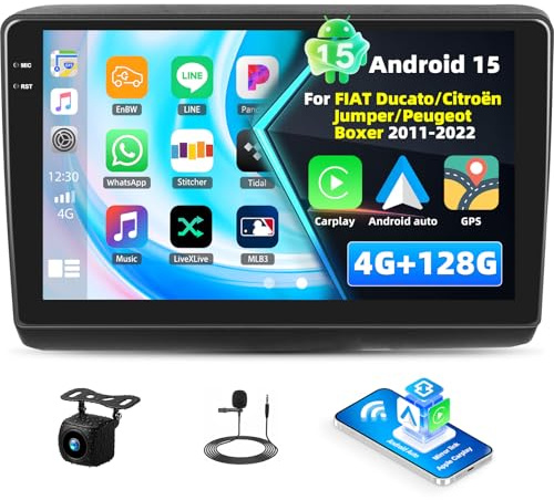 4+128G Android 15 Autoradio für FIAT Ducato/Citroën Jumper/Peugeot Boxer 2011-2022, 9 Incell Touchscreen-Radio mit Wireless CarPlay & Android Auto Bluetooth 5.0 GPS WiFi FM/RDS 32EQ