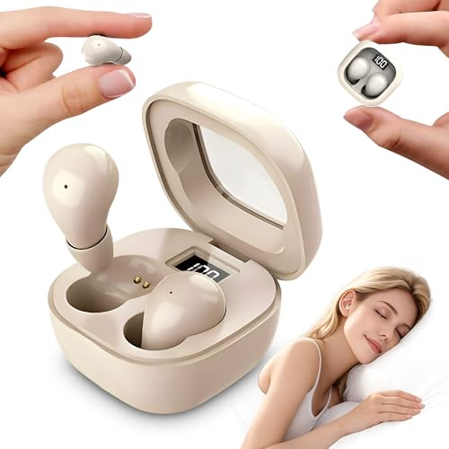 Cordless Mini Invisible Earbuds for Work - Low Profile Hidden Ear Buds for Sleeping - 24H Battery Sleeping Earphones with USB Cable, Replacement Caps - Secure Fit Small Earbuds with LED Display