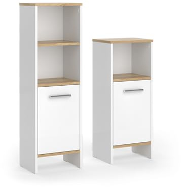 Vicco Badmöbel-Set Karli, Weiß/Goldkraft Eiche | 2-teilig · Großes Badregal · Kleines Badregal
