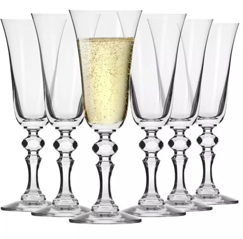 Krosno – Flûtes à Champagne 165 ml – Lot de 6 – Collection Krista – Cristal Sans Plomb – Design Élégant avec Pied Orné