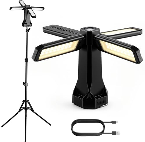 AUTOUTLET LED Campinglampe 16000mAh, 1,77M Baustrahler mit Stativ, 4000LM 4 Verstellbare Panels Campinglampe, 5 Lichtmodi, Dimmbar,Magnet & Haken,IP66 Wasserdicht Arbeitsleuchte für Werkstatt Outdoor