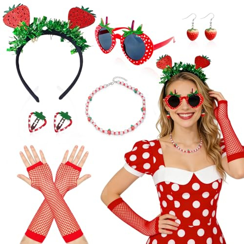 Atomvia 9-Teiliges Erdbeer Kostüm Damen, Erdbeere Haarreif, Brille, Handschuhe, Halskette, Ohrringe, Haarnadel Erdbeere Kostüm Damen Kinder Fasching Kostüm Accessoires Faschingskostüm Obst
