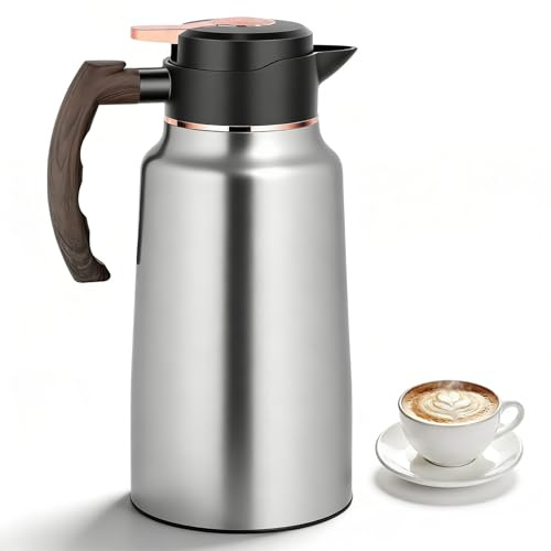 Thermoskanne, 2 Liter Doppelwandige Edelstahl Isolierkanne, Teekannen mit Holzmaserung-Griff, 24h heiß und 24h kalt, Kaffeekanne mit Quick Press für Kaffee, Tee, Milch, Wasser