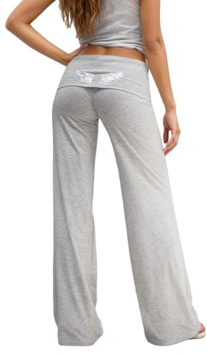 Fold Over Pants Damen Weite Lounge Hose, Wide Leg Leggings, Fold-Over-Yogahose Faltenhose, Weite Palazzo Hose Mit Hohem Glitzer Engel Flügel Umschlagbund Y2k Pants Sportanzug Trendiges Streetwear