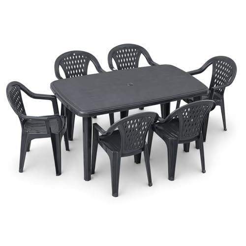 Tomaino - Set Tavolo e Sedie da Esterno In plastica 6 Posti - 6 Sedie con Braccioli Impilabili e 1 Tavolo Rettangolare da Giardino, Terrazzo (Antracite)