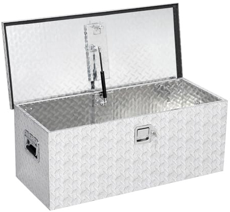 Heavy Duty Aluminum Truck Tool Box, 38 × 38 × 91 cm Pickup Bed Storage Box with Gas Strut, Lockable Diamond Plate Weatherproof Chest for Trailer RV, Includes 2 Black Sliding Metal Tins