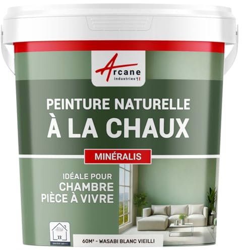 Peinture chaux, naturelle : peinture sans émanation, mineralis - 60 m² (2x5 kg en 1 couche) Wasabi Blanc Vieilli - ARCANE INDUSTRIES