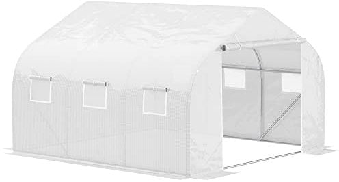 Outsunny Serra per Orto a Tunnel con 6 Finestre e Porta Avvolgibile, Serra da Giardino a Tunnel in PE con Tubi in Metallo, per Piante e Frutto, 4.5x3m, Bianco