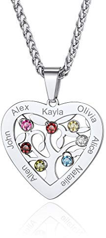 Custom4U Collier Personnalisé 7 Prénoms,Pendentif Coeur Arbre de Vie en Acier Inoxydable Gravé Pierres de Naissance,Bijoux de Famille,Chaine 55+5 cm,Cadeau Anniversaire Femme Maman,Grand Mère