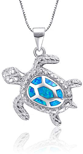 AMIGUO Blue Opal Sea Turtle Pendant Sterling Silver Necklace Jewelry for Women Gifts