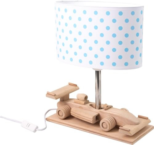 Hellux Nachtlicht Baby mit Sparschwein aus Holz | LED Tischlampe Kinderzimmer mit Rennwagen-Design | Nachttischlampe Kinder 32x27x14 cm für Babyzimmer | Kinder Lampe E27 (Blauen Punkten)