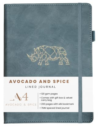 Avocado & Spice A4 Notizbuch Liniert, als Reise-Tagebuch, Notizblock, Journal, A4 Hardcover Tagesplaner mit Geschenkbox & Samtbeutel - mit Lesezeichen, elastischem Band, Stifthalter, 200 Seiten Grau