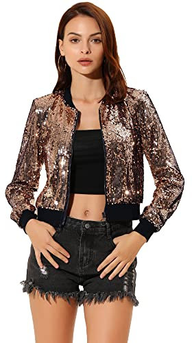 Allegra K Damen Bomberjacke Langarm Glitzer Pailletten Party Jacke Rose Gold XS