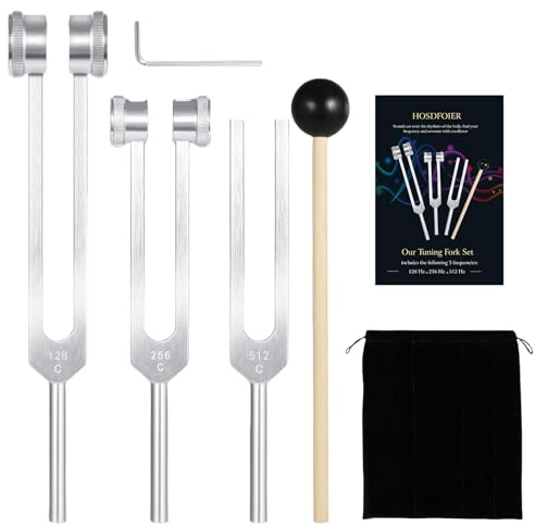 Tuning Forks for Healing Set (128Hz, 256Hz, 512Hz), Weighted Tuning Fork for Sound Therapy/Meditation/Yoga and Chakra with Mallet, Storage Pouch & Instruction Manual (Silvery)
