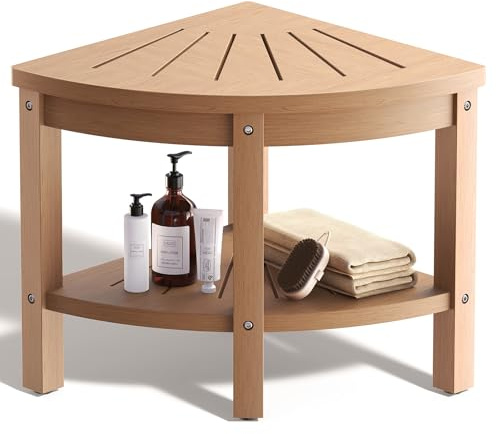 ACUEL Poly Lumber Shower Bench, Corner Shower Stool with Non-Slip Feet, Storage Shelf, Waterproof Shower Bench for Bathroom Living Room 17 ¾×17 ¾×18 ½