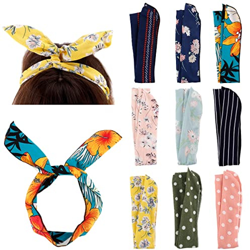 Hapdoo 9Pcs Wire Headband, Tie Headband for Women, Adjustable Wire Headbands for Women, Wired Headbands Twist Headbands Fabric Floral Boho Bow Headbands for Women's Hair