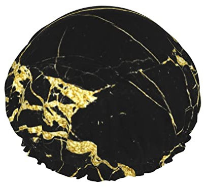 Black Gold Marble Print Shower Cap For Women Reusable Double-Layer Fabric Shower Caps Girls Hair Caps