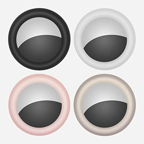 KOKOKA Protective Case Compatible with Airtag Holder, Airtag Sticker Case Cover Keyring Silicone Case for TV Remote Keys Bags Luggage Wallets Bikes iPad, Black/White/Pink/Grey, 4 Pack