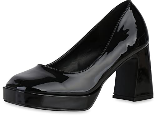 VAN HILL Damen Plateau Pumps Party Blockabsatz Schuhe Eckige Lack Absatzschuhe Elegante Leder-Optik Plateauschuhe 210340 Schwarz Lack 37