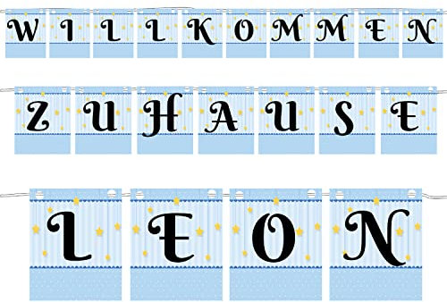 Willkommen Zuhause Baby Shower - Herzlich Willkommen Girlande wahlweise mit Name zur Geburt, Babyparty Deko Junge oder Mädchen Blau oder Rosa Welcome Home Baby (Blau)