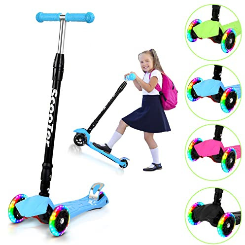 Sonnewelt Kinderroller Faltbarer Cityroller mit 3 LED-Rädern und höhenverstellbarem Lenker,Hinterbremsen,Bis 50 kg für Roller Kinder 3-14 Jahre-Blau