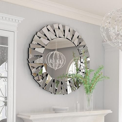 Artloge Espejo Redondo Recibidor Pared Grande: Espejo Biselado Moderno de Decoracion Elegante Bonito para Pasillo Salon Entrada Comedor Dormitorio, Luna Plateada, 80 x 80 cm