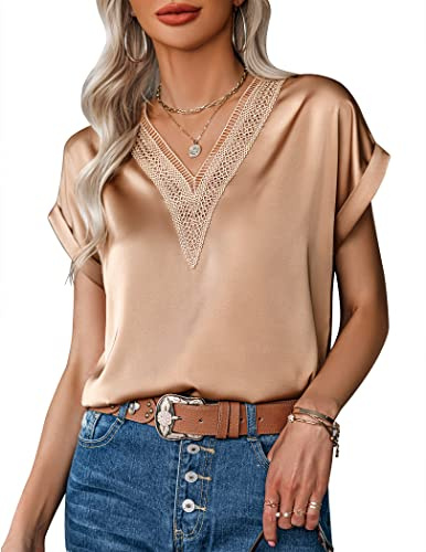 Zeagoo Camiseta Mujer Verano Blusa Cuello V Elegante Camisas Manga Corta Top Satén Color Sólido T-Shirt Túnica XXL