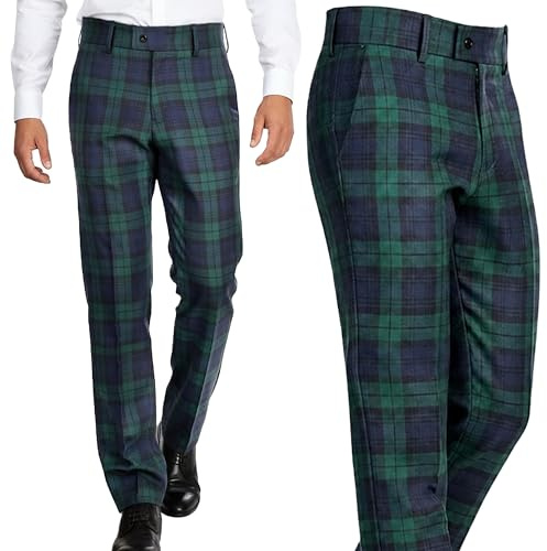 Pantalon tartan pour homme, coupe standard, taille extensible, carreaux écossais - Habillé, décontracté - pour toutes les saisons, mariage, golf - Tissu chaud pour l'hiver - Montre noire Tartan