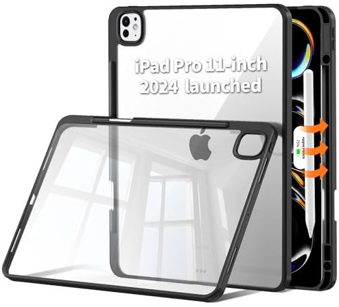 Matekxy Slim Case for 2024 iPad Pro-11 Inch - M4 5th Generation iPad Cases with Pencil Holder, Supports Pencil Pro, Transparent Back Shell, Shock, Drop Protection Soft Silicon Bumper, Black