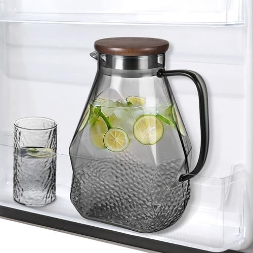 ecooe Glaskaraffe 1.8L Wasserkaraffe für Kühlschranktür, Karaffe Glas mit Deckel, Schwarz Kühlschrankkrug Wasserkrug Glaskrug für Heißes/Kaltes Wasser, DIY Getränke, Eistee, Saft, Milch,Tee, Kaffee