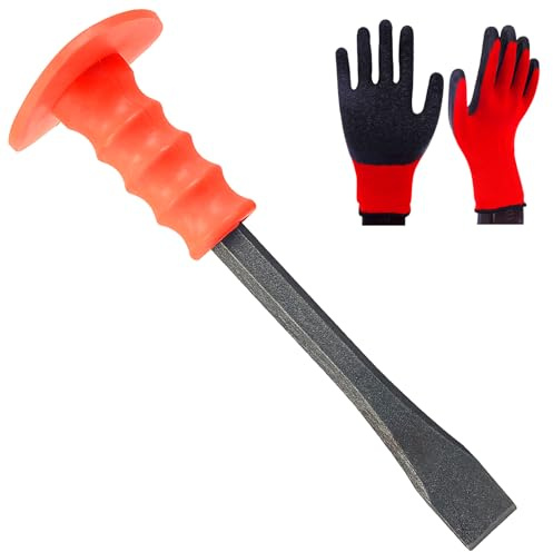 Genubi Industry Burin de maçonnerie avec protège-main et gants de travail, 25,4 cm très résistant à extrémité plate pour démolir, sculpter, fendre, briser le harcèlement