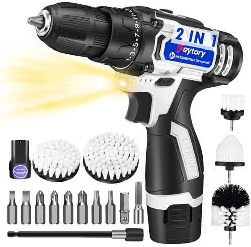 16.8V Cordless Drill Brush Set,Electric Dril with 2 Batteries 1500mAh, 25+1 Torque, 45N.m Max Torque, 10PCS Drill Bits,5PCS Power Scrubber Brush Kit for Home Cleaning and Garden DIY