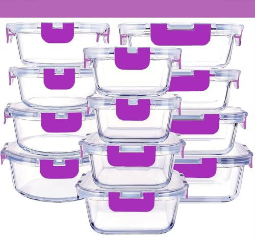 Recamania Recipientes de Cristal Para Alimentos - 24 Piezas (12 recipientes y 12 tapas) - Apto para lavavajillas, Microondas y congelador - a prueba de fugas y sin BPA - Aprobado por la FDA y el FSC