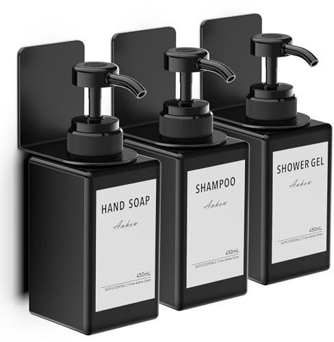 Anhow 3er Seifenspender Wandbefestigung Set, 450ml Seifenspender Wand Ohne Bohren Kunststoff Spülmittelspender mit 16pcs Wasserdichten Etiketten für Küche und Badezimmer - Schwarz