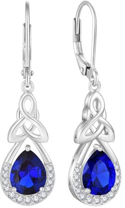 FJ Keltischer Knoten Ohrringe Damen 925 Sterling Silber Unendlichkeit Tropfen Hängend Saphir September Geburtsstein Irischer Glücksschmuck Geschenke für Frauen