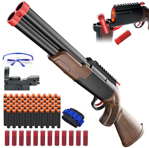 Jouet Fusil de Chasse à Double Canon, Blaster en Mousse EVA et 80 Balles Souples et 12 Cartouches éjectables, Cadeau d'anniversaire de Noël de Jouet de Fléchettes pour Garçon de Plus de 8+ Ans(Brun)