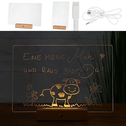 LED Message Board Beleuchtung | 30x20cm warmweiß Acryl Buche | Memoboard auf Holzsockel USB Kabel Stift An-/Ausschalter (1 x LED Message Board warmweiß)