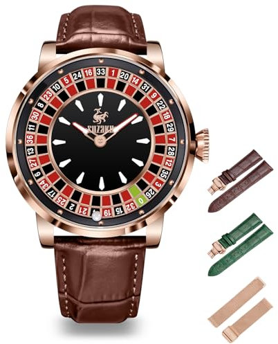 SUZAKU Männer Automatische Mechanische Uhr 46mm Rotierendes Zifferblatt NH35A Japanisches Uhrwerk 50M Wasserdichtes Lederarmband (Gold Kaffeefarbe)