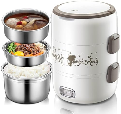 MGHRUE Electric Lunch-Box Food Heat Up, Stainless Steel Electric Lunch Box for Home And Office, 3 Layers Self Heating Lunch Box with Removable Food Container