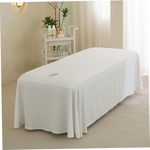 Couvre-table de massage, 190x80 cm Couvercle de lit de cils avec trou du visage, drap de lit de massage, jupe de table de massage de couleur pour massage du salon (blanc)